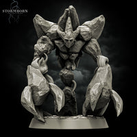 Digital render of the Earth Elemental of Dusk miniature by Stormborn Collectibles — overhead pose with a crown of jagged rock plates, arms raised wide, and swirling arcane energy tendrils cascading from its stone body, viewed from the front against a stormy dark background