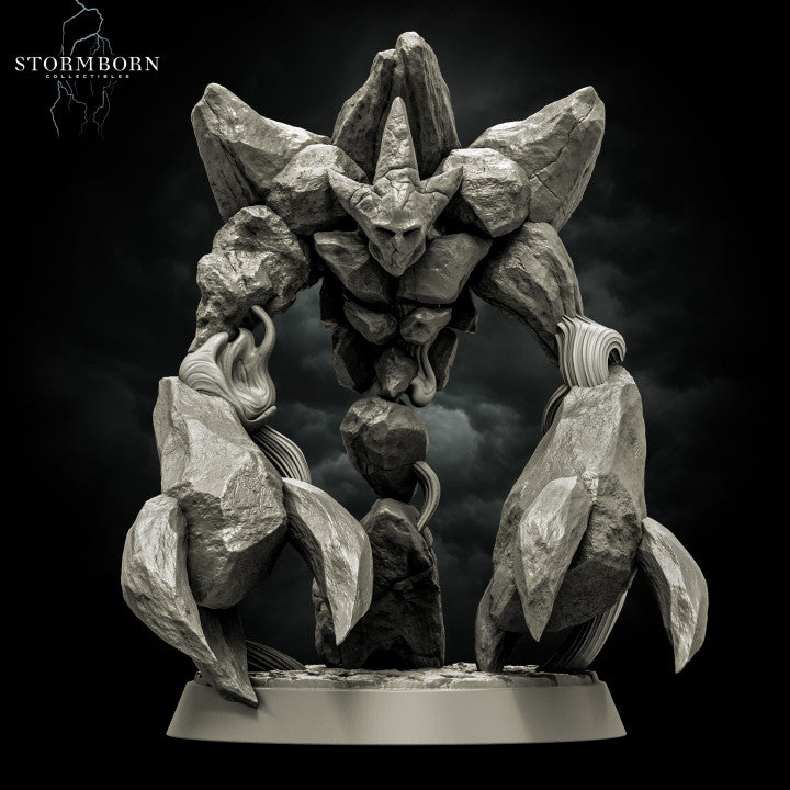 Digital render of the Earth Elemental of Dusk miniature by Stormborn Collectibles — overhead pose with a crown of jagged rock plates, arms raised wide, and swirling arcane energy tendrils cascading from its stone body, viewed from the front against a stormy dark background