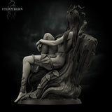 Grey resin digital render of Eva the Dryad miniature, rear three-quarter view — showing the richly detailed bark texture of the tree throne, Eva's long hair cascading down her back, leaf details on her arms and legs, and a small bird perched on the upper branch of the tree