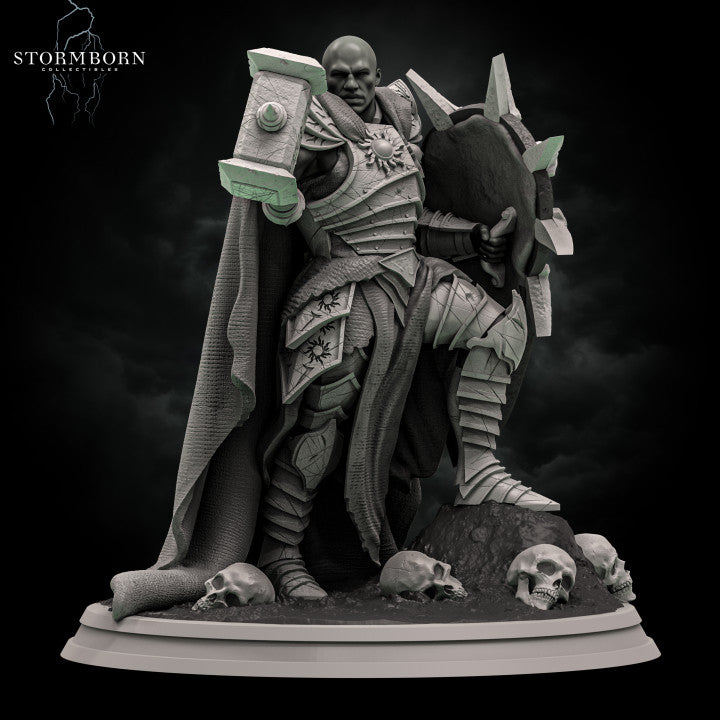 Bald broad-shouldered warrior in spiked plate armour thrusting a floral-relief warhammer forward, bearing a spiked sunburst shield, cloak billowing, standing over three skulls. Sculpt by Stormborn Collectibles.