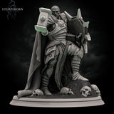 Bald broad-shouldered warrior in spiked plate armour thrusting a floral-relief warhammer forward, bearing a spiked sunburst shield, cloak billowing, standing over three skulls. Sculpt by Stormborn Collectibles.
