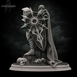 Wide-angle render of the full Invictus Lighthammer sculpt showing the dramatic cloak spread, spiked armour silhouette, and skull-covered scenic base. Sculpt by Stormborn Collectibles.
