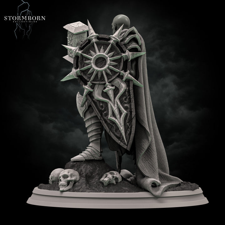 Wide-angle render of the full Invictus Lighthammer sculpt showing the dramatic cloak spread, spiked armour silhouette, and skull-covered scenic base. Sculpt by Stormborn Collectibles.