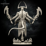 Imposing four-armed skull-headed demon gripping two massive fractured-blade greataxes, muscular torso covered in bony spurs, serpentine tail visible at the rear. Flame-sculpted base. By Stormborn Collectibles.