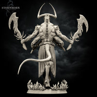 Imposing four-armed skull-headed demon gripping two massive fractured-blade greataxes, muscular torso covered in bony spurs, serpentine tail visible at the rear. Flame-sculpted base. By Stormborn Collectibles.