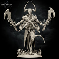 Four-armed demon with a bull skull head and sweeping horns, holding two jagged cracked greataxes spread wide, standing on a sculpted flame base. Tattered loincloth with skull belt. Sculpt by Stormborn Collectibles.