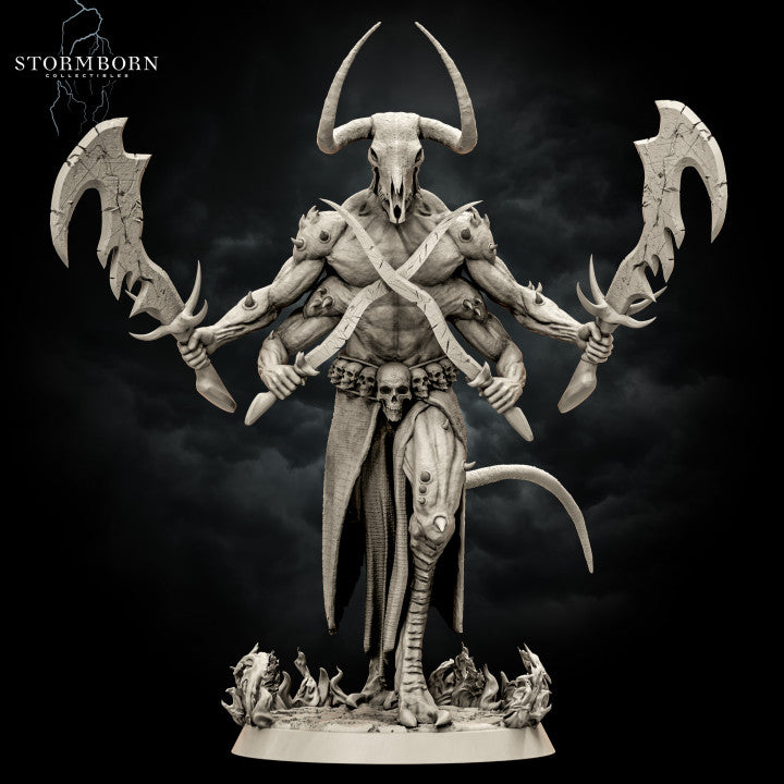 Four-armed demon with a bull skull head and sweeping horns, holding two jagged cracked greataxes spread wide, standing on a sculpted flame base. Tattered loincloth with skull belt. Sculpt by Stormborn Collectibles.