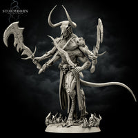Rear view of four-armed demon lord with bull skull head and large curving horns, showing spinal ridge detail, bony protrusions across shoulders, tattered loincloth, and coiling tail above a sculpted flame base. Stormborn Collectibles.