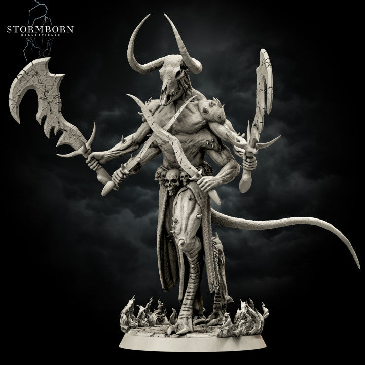 Rear view of four-armed demon lord with bull skull head and large curving horns, showing spinal ridge detail, bony protrusions across shoulders, tattered loincloth, and coiling tail above a sculpted flame base. Stormborn Collectibles.