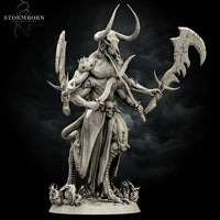Rear view of four-armed demon lord with bull skull head and large curving horns, showing spinal ridge detail, bony protrusions across shoulders, tattered loincloth, and coiling tail above a sculpted flame base. Stormborn Collectibles.