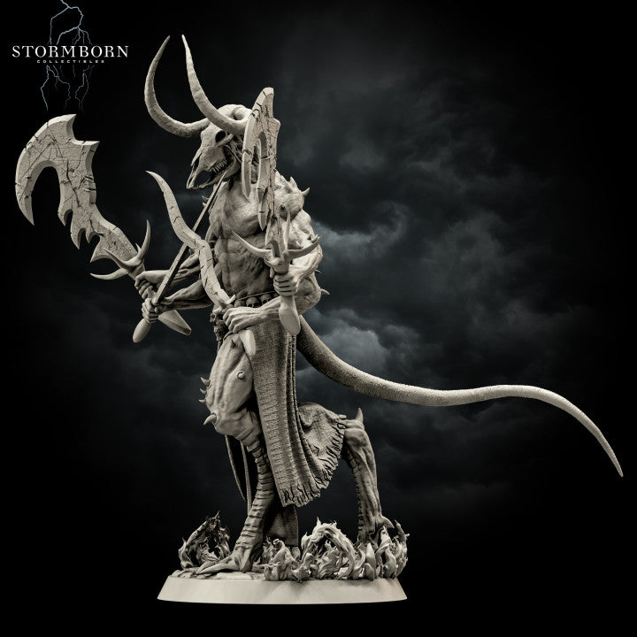 Rear view of four-armed demon lord with bull skull head and large curving horns, showing spinal ridge detail, bony protrusions across shoulders, tattered loincloth, and coiling tail above a sculpted flame base. Stormborn Collectibles.