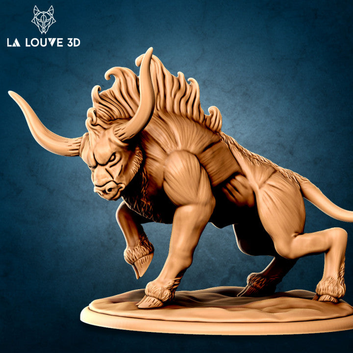 Front-facing digital render of the La Louve 3D Gorgon miniature — an unpainted bull-like beast with large curved horns, a raised forehoof mid-charge, dramatic mane-like dorsal ridge, and heavily muscled body, mounted on a round sculpted base