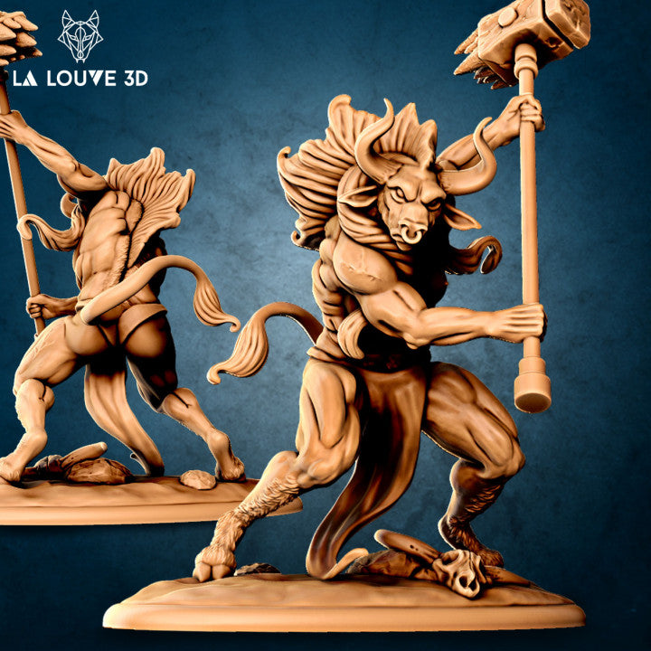 Unpainted beige resin render of a female minotaur miniature by La Louve 3D, shown in two angles — the foreground pose shows her mid-charge with a large spiked maul raised overhead, one hoof lifted, horns swept back, and a wild mane flowing behind her; the background pose shows a rear three-quarter view with a staff weapon; both stand on detailed rocky bases at 32mm scale