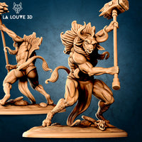 Unpainted beige resin render of a female minotaur miniature by La Louve 3D, shown in two angles — the foreground pose shows her mid-charge with a large spiked maul raised overhead, one hoof lifted, horns swept back, and a wild mane flowing behind her; the background pose shows a rear three-quarter view with a staff weapon; both stand on detailed rocky bases at 32mm scale