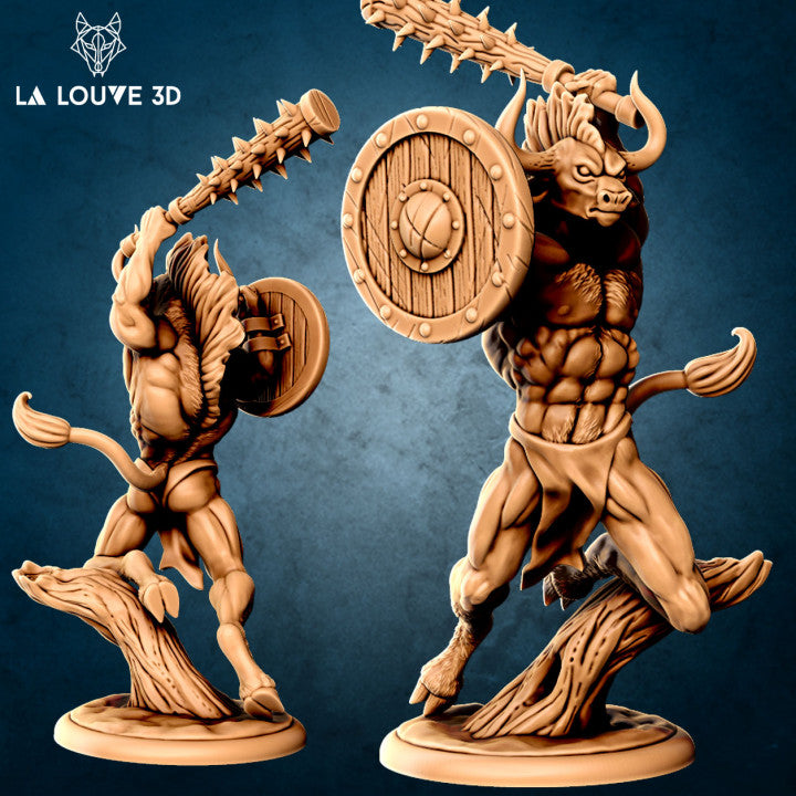 Two unpainted resin minotaur miniatures from La Louve 3D shown side by side against a blue background — both posed dynamically mid-charge with spiked mauls raised overhead and wooden round shields on their arms, mounted on sculpted tree-root bases; the larger foreground figure shows pronounced musculature and bull horns in detail