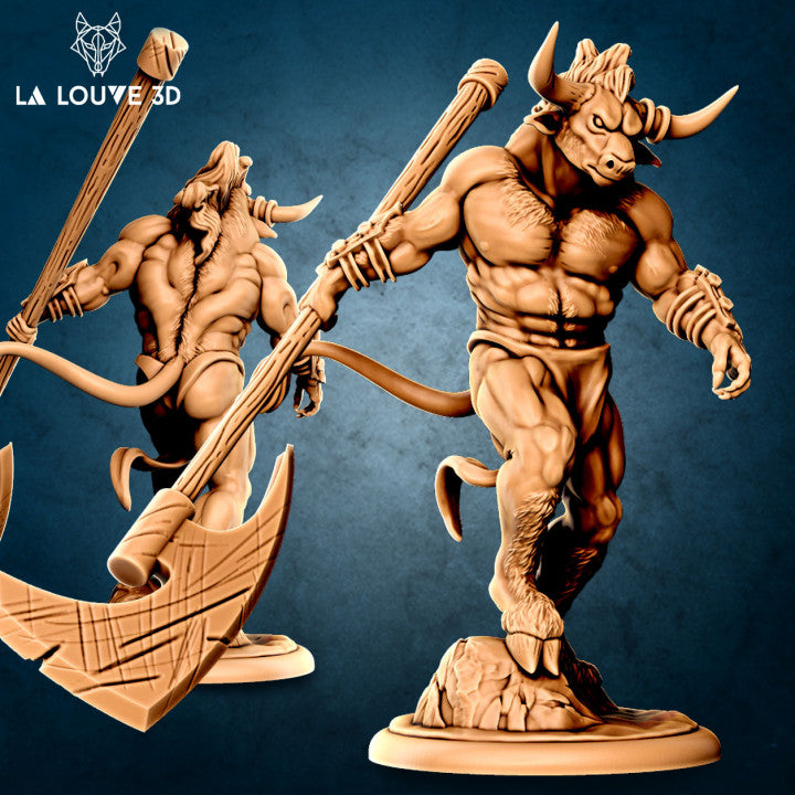 Digital render of an unpainted male minotaur miniature by La Louve 3D, shown in two angles — front view depicts a muscular bull-headed figure mid-stride with a massive greataxe raised overhead, linen-wrapped forearms, hooved feet on a rocky base; rear three-quarter view shows the same sculpt from behind, highlighting the flowing tail, broad back, and axe detail