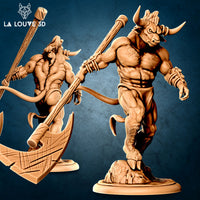 Digital render of an unpainted male minotaur miniature by La Louve 3D, shown in two angles — front view depicts a muscular bull-headed figure mid-stride with a massive greataxe raised overhead, linen-wrapped forearms, hooved feet on a rocky base; rear three-quarter view shows the same sculpt from behind, highlighting the flowing tail, broad back, and axe detail