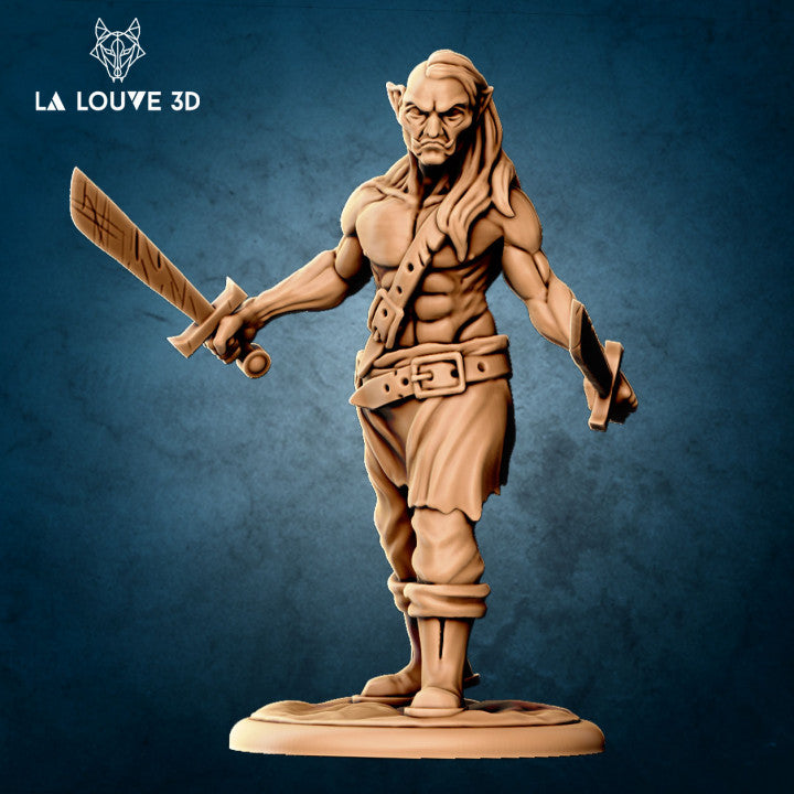 Unpainted tan resin miniature of a bare-chested orc warrior holding a runed blade in one hand and a second weapon at his side, long hair over one shoulder, stern expression, leather belt, wrapped boots, on a plain round base — digital render by La Louve 3D
