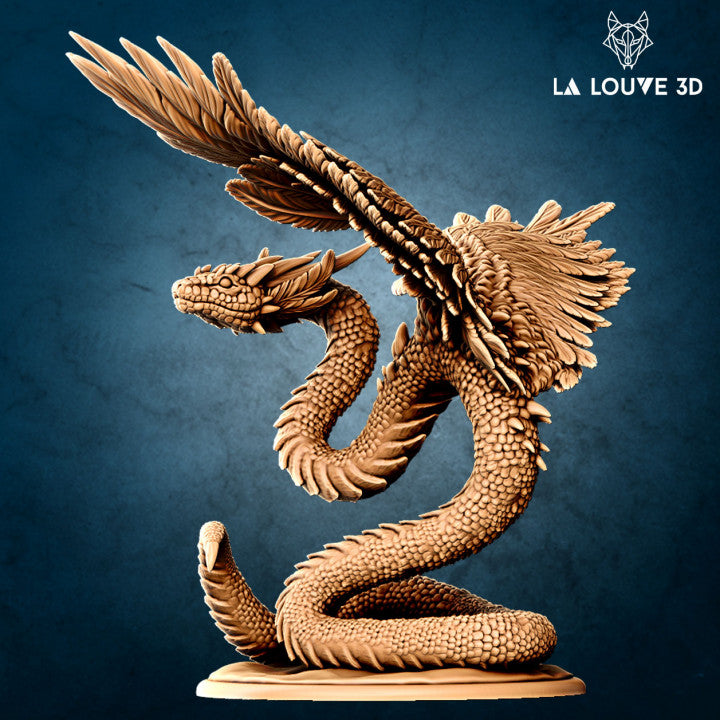 Digital render of the Quetzalcoatl miniature by La Louve 3D — an unpainted resin-gold feathered serpent coiling upward on an oval base, wings spread wide at the top, detailed scales covering the full body and layered feathers along the spine and wings, head turned to the side with a focused expression, displayed against a dark blue background