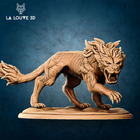 Digital render of an unpainted resin miniature of a snarling wolf-like beast in a low crouching attack pose, with a branching root-like mane, splayed claws, and detailed fur texture, mounted on an oval base — sculpted by La Louve 3D