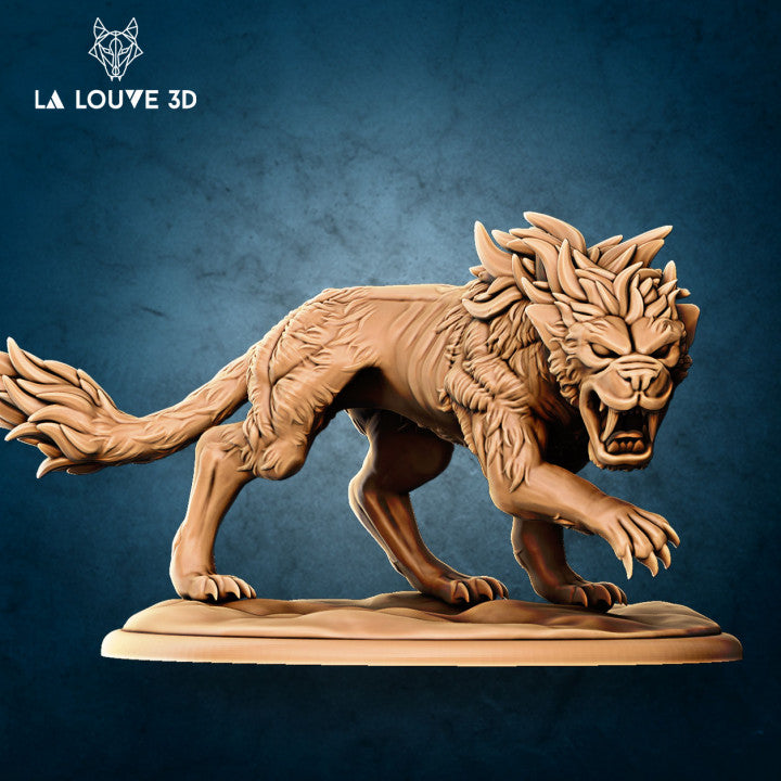 Digital render of an unpainted resin miniature of a snarling wolf-like beast in a low crouching attack pose, with a branching root-like mane, splayed claws, and detailed fur texture, mounted on an oval base — sculpted by La Louve 3D