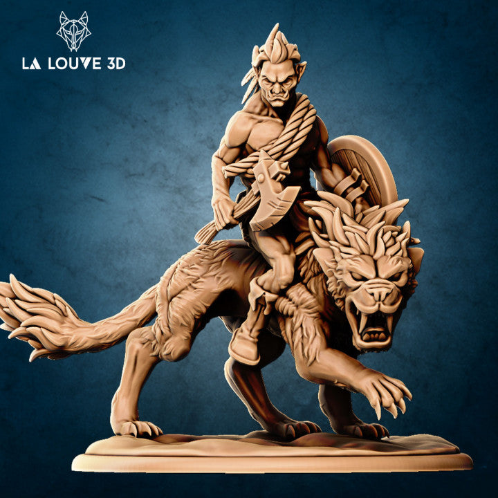 Unpainted sand-coloured resin miniature of a bare-chested orc warrior riding a snarling wolf, holding a hand axe with a round shield on his back, mounted on a scenic base, digital render by La Louve 3D