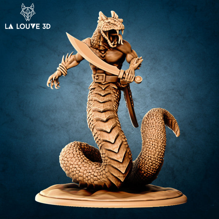 Digital render of a Yuan-Ti Abomination miniature by La Louve 3D — an unpainted resin figure with a serpentine lower body coiled on a sandy base, muscular human torso, open-jawed lizard head with visible fangs, one clawed hand raised and the other gripping a broad short sword, with layered scale detail across the coils and chest