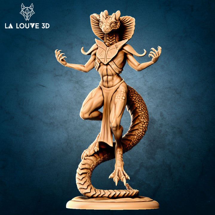 Digital render of an unpainted yuan-ti female wizard miniature by La Louve 3D — a four-armed serpentfolk spellcaster posed on scaled haunches with all four clawed hands raised in an arcane gesture, a frilled neck hood flared wide, ritual markings on her torso, and a heavily-scaled coiling lower body tapering to the base. Shown in warm sand resin tone against a dark blue background.