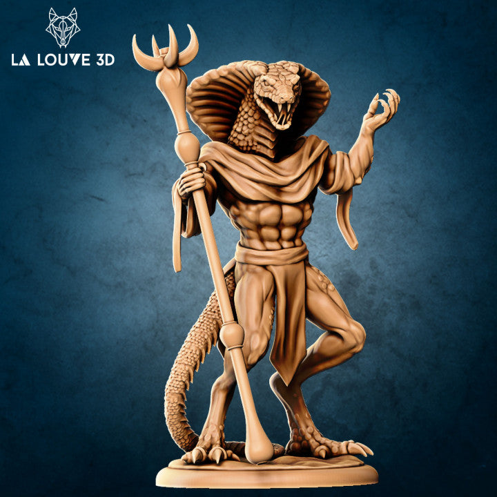 Digital render of an unpainted Yuan-Ti male wizard miniature by La Louve 3D. The figure stands in a commanding pose with his cobra hood flared wide, gripping a tall staff topped with a crescent serpent finial in one hand and raising a clawed hand in mid-spellcast with the other. His scaled tail coils behind him and his taloned feet grip the base. Rendered in warm tan resin tone against a dark blue background.