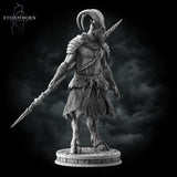 Grey resin digital render of the Satyr Spearman miniature from a rear three-quarter angle — showing the back of the leather armour, the full length of the spear lowered to the left, hooved legs, and the texture of the chainmail kilt against a stormy dark background