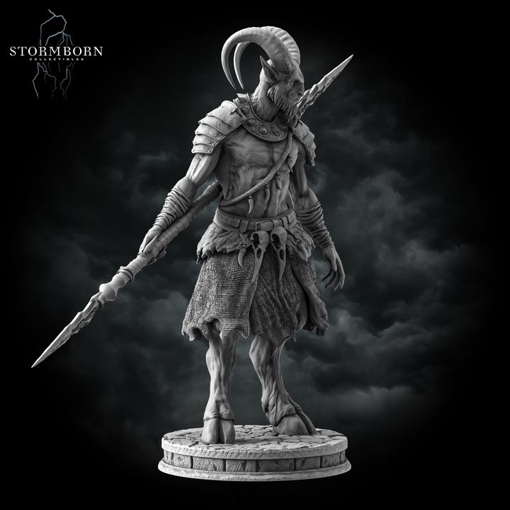Grey resin digital render of the Satyr Spearman miniature from a rear three-quarter angle — showing the back of the leather armour, the full length of the spear lowered to the left, hooved legs, and the texture of the chainmail kilt against a stormy dark background
