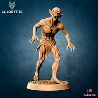 Digital render of an unpainted vampire miniature by La Louve 3D — a gaunt, feral male figure in a forward lunge with mouth open in a snarl, elongated clawed hands outstretched, prominent ribs visible beneath tattered cloth, mounted on a textured cobblestone oval base, 32mm scale