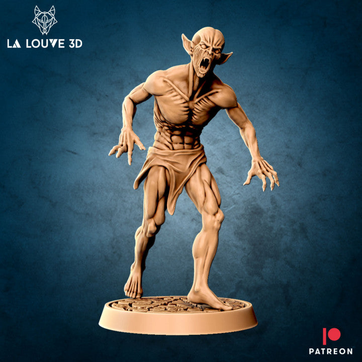 Digital render of an unpainted vampire miniature by La Louve 3D — a gaunt, feral male figure in a forward lunge with mouth open in a snarl, elongated clawed hands outstretched, prominent ribs visible beneath tattered cloth, mounted on a textured cobblestone oval base, 32mm scale