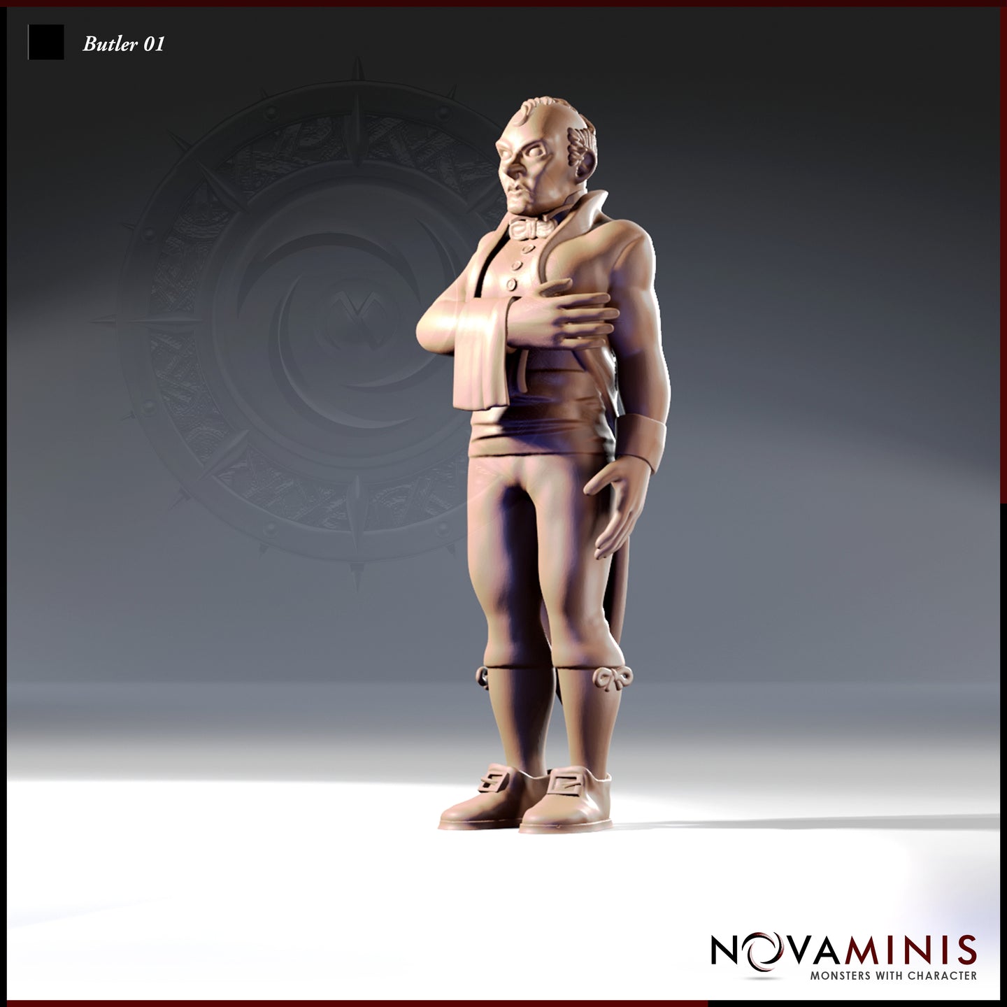Front three-quarter view of Butler 01 — a 32mm unpainted resin miniature of a stocky human butler in waistcoat, cravat, knee breeches and buckled shoes, standing with one arm folded across his chest and a cloth draped over his forearm, sculpted by Novaminis