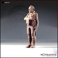 Front three-quarter view of Butler 01 — a 32mm unpainted resin miniature of a stocky human butler in waistcoat, cravat, knee breeches and buckled shoes, standing with one arm folded across his chest and a cloth draped over his forearm, sculpted by Novaminis