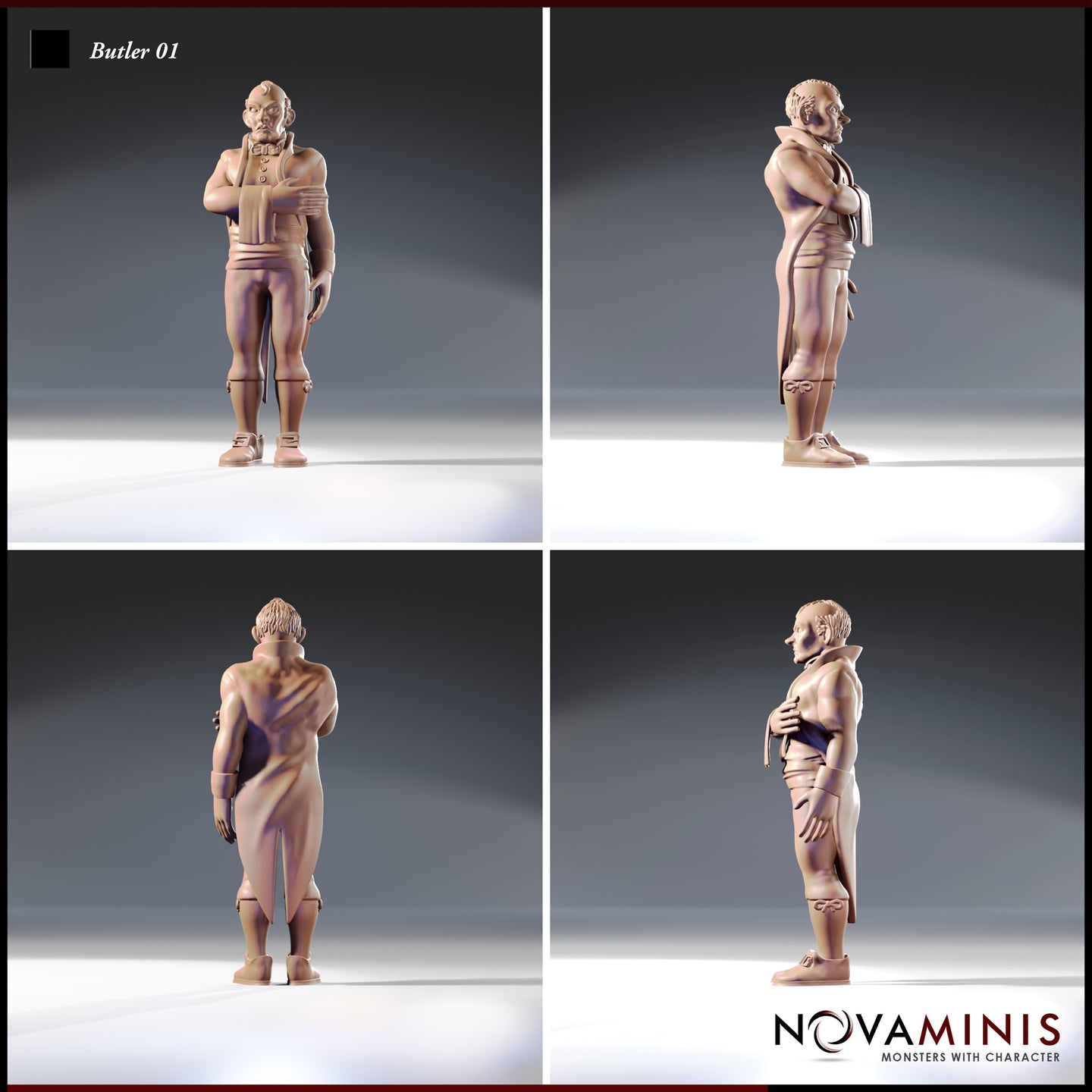 Four-angle turnaround of Butler 01 Novaminis 32mm miniature showing front, side, back and three-quarter views of the unpainted resin butler figure in full livery with bow-tied garters, fitted waistcoat, and a watchful expression