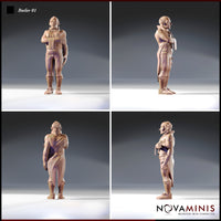 Four-angle turnaround of Butler 01 Novaminis 32mm miniature showing front, side, back and three-quarter views of the unpainted resin butler figure in full livery with bow-tied garters, fitted waistcoat, and a watchful expression