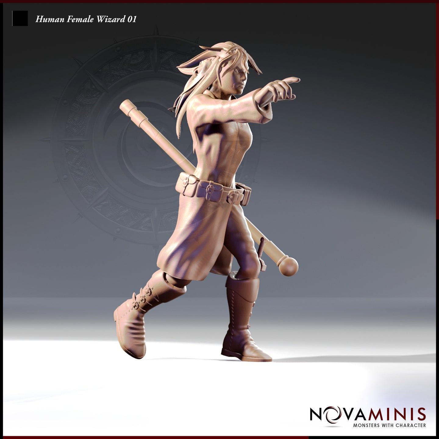 32mm resin render of Human Female Wizard 01 by Novaminis — three-quarter front view showing a dynamic mid-stride pose, one arm extended with pointing finger casting a spell, staff held low in the other hand, long flowing hair, utility belt with buckled pouches, and laced knee-high boots. Unpainted clay-tone render.