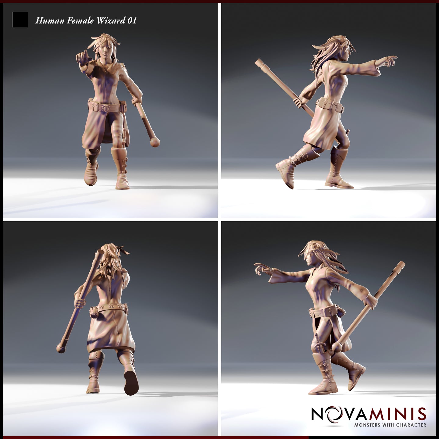 32mm resin render of Human Female Wizard 01 by Novaminis — four-angle turntable showing front, side, back, and three-quarter views of the mid-cast walking pose. Staff visible across the back, utility belt pouches clearly detailed, boot lacework and flowing coat visible from all angles. Unpainted clay-tone render.