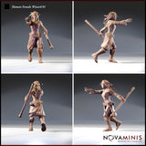 32mm resin render of Human Female Wizard 01 by Novaminis — four-angle turntable showing front, side, back, and three-quarter views of the mid-cast walking pose. Staff visible across the back, utility belt pouches clearly detailed, boot lacework and flowing coat visible from all angles. Unpainted clay-tone render.