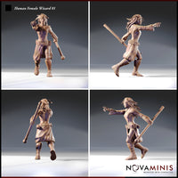 32mm resin render of Human Female Wizard 01 by Novaminis — four-angle turntable showing front, side, back, and three-quarter views of the mid-cast walking pose. Staff visible across the back, utility belt pouches clearly detailed, boot lacework and flowing coat visible from all angles. Unpainted clay-tone render.