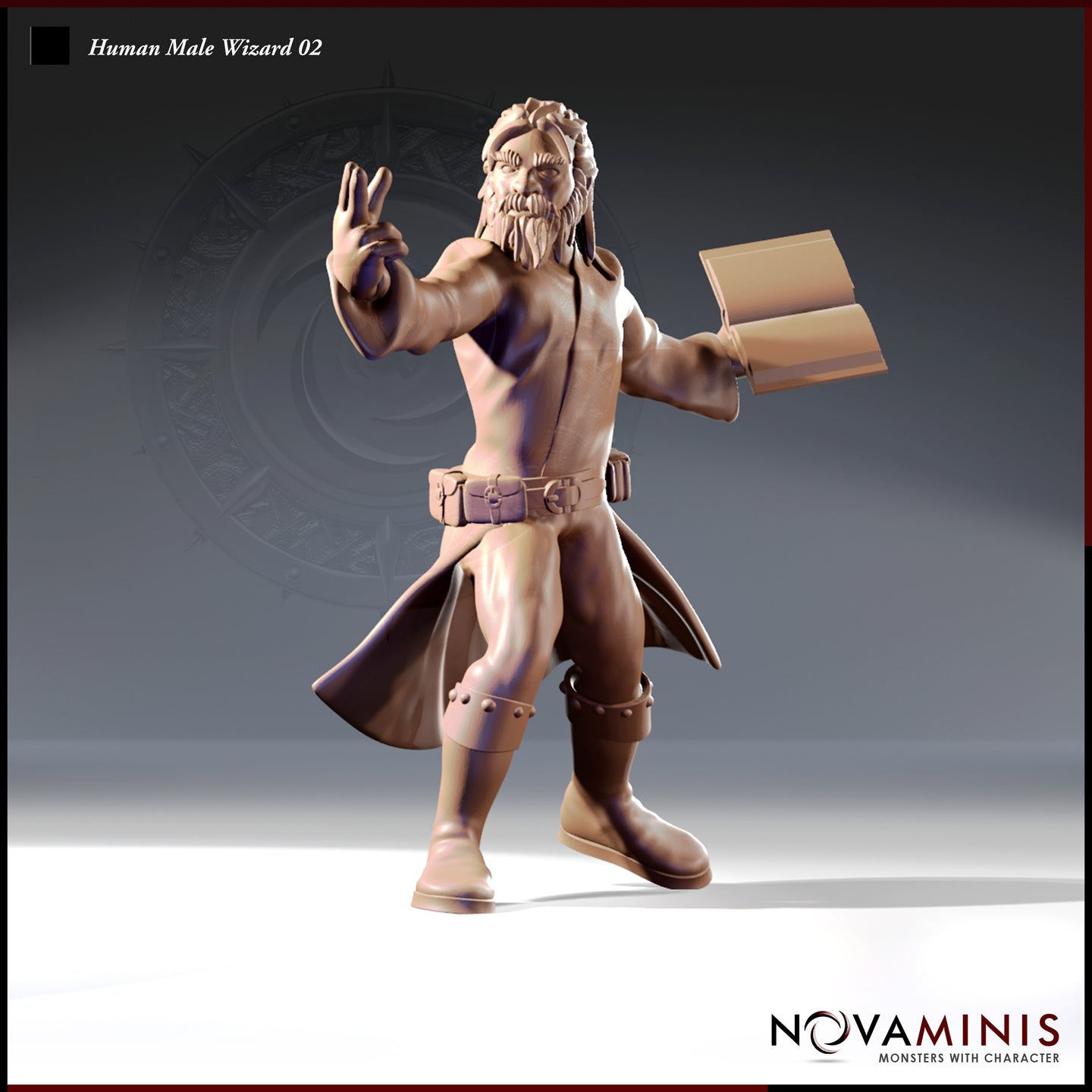32mm scale digital render of an unpainted Human Male Wizard miniature, variation 02 by Novaminis — a bearded wild-haired man mid-stride with one hand raised in a spellcasting gesture and an open spellbook held in the other, wearing a split travelling coat, studded boots, and a belt hung with pouches