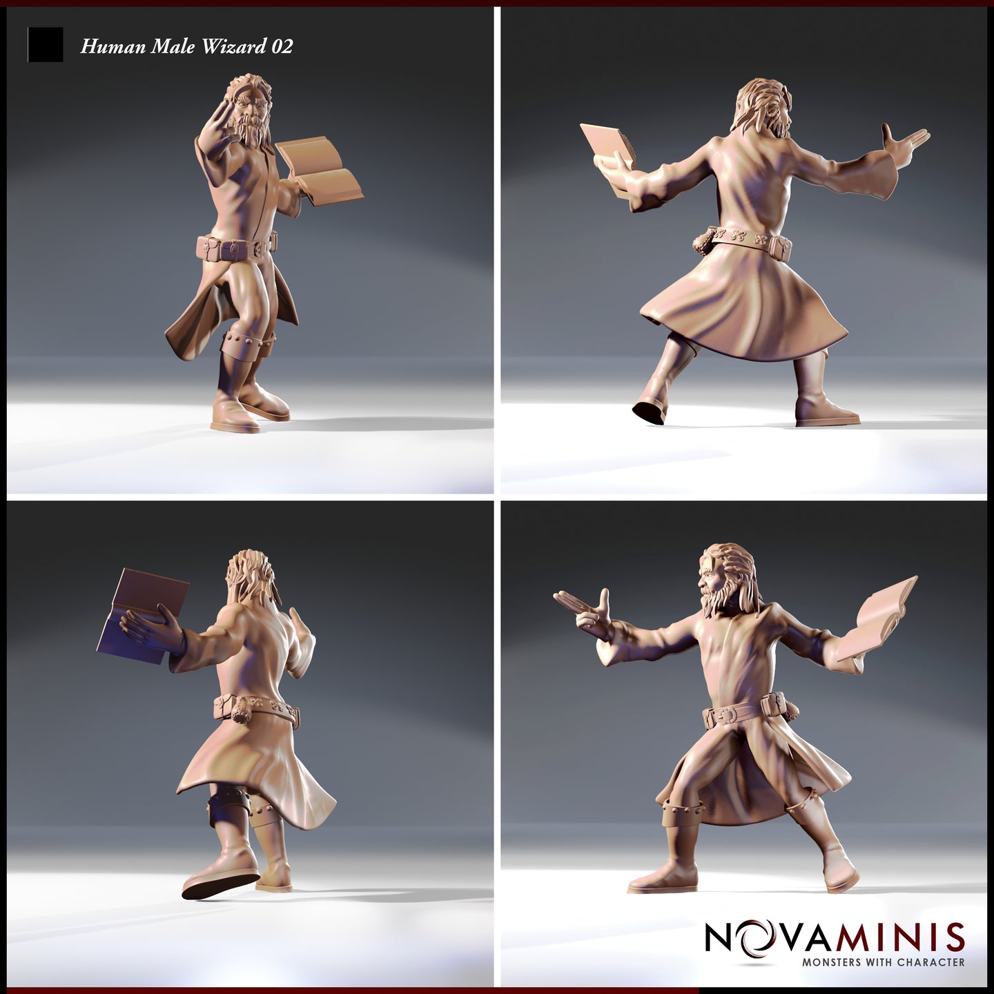 Four-angle digital render turnaround of the Human Male Wizard 02 miniature by Novaminis — showing front, side, back, and three-quarter views of the dynamic mid-cast pose, open spellbook, flowing coat, and detailed facial hair in unpainted resin grey