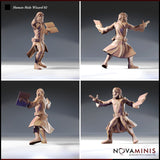 Four-angle digital render turnaround of the Human Male Wizard 02 miniature by Novaminis — showing front, side, back, and three-quarter views of the dynamic mid-cast pose, open spellbook, flowing coat, and detailed facial hair in unpainted resin grey