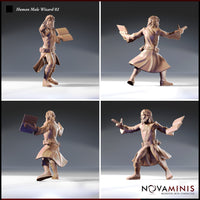 Four-angle digital render turnaround of the Human Male Wizard 02 miniature by Novaminis — showing front, side, back, and three-quarter views of the dynamic mid-cast pose, open spellbook, flowing coat, and detailed facial hair in unpainted resin grey