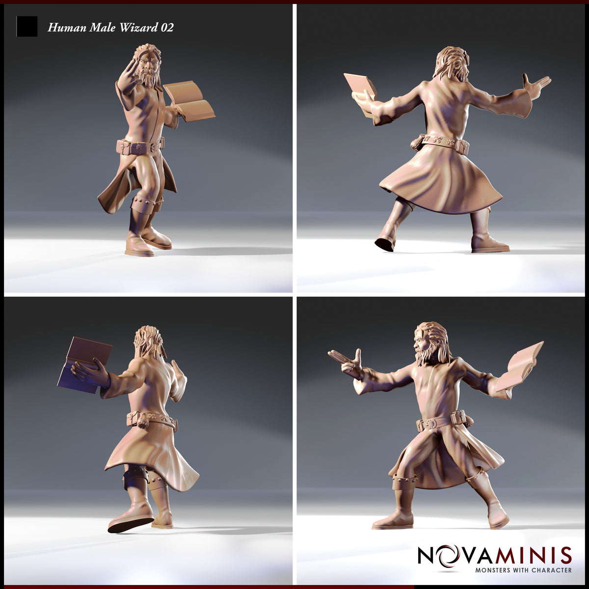Four-angle digital render turnaround of the Human Male Wizard 02 miniature by Novaminis — showing front, side, back, and three-quarter views of the dynamic mid-cast pose, open spellbook, flowing coat, and detailed facial hair in unpainted resin grey