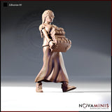 32mm resin miniature render of Librarian 01 by Novaminis — a female human scholar in a long lace-detailed skirt striding forward while carrying a large stack of bound tomes, long braided hair, unpainted grey resin, three-quarter front view