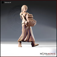 32mm resin miniature render of Librarian 01 by Novaminis — a female human scholar in a long lace-detailed skirt striding forward while carrying a large stack of bound tomes, long braided hair, unpainted grey resin, three-quarter front view