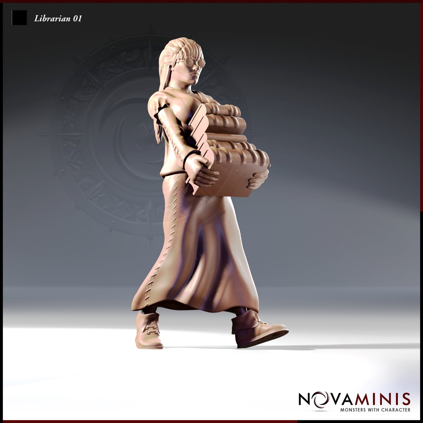 32mm resin miniature render of a female librarian in a long lace-sided skirt, walking briskly while carrying a large stack of thick tomes in both arms — Librarian 01 by Novaminis, unpainted