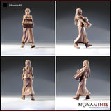 Four-angle render sheet of Librarian 01 by Novaminis — front, side, rear, and three-quarter views of a female NPC miniature carrying a stack of books in a flowing skirt, 32mm scale, unpainted resin